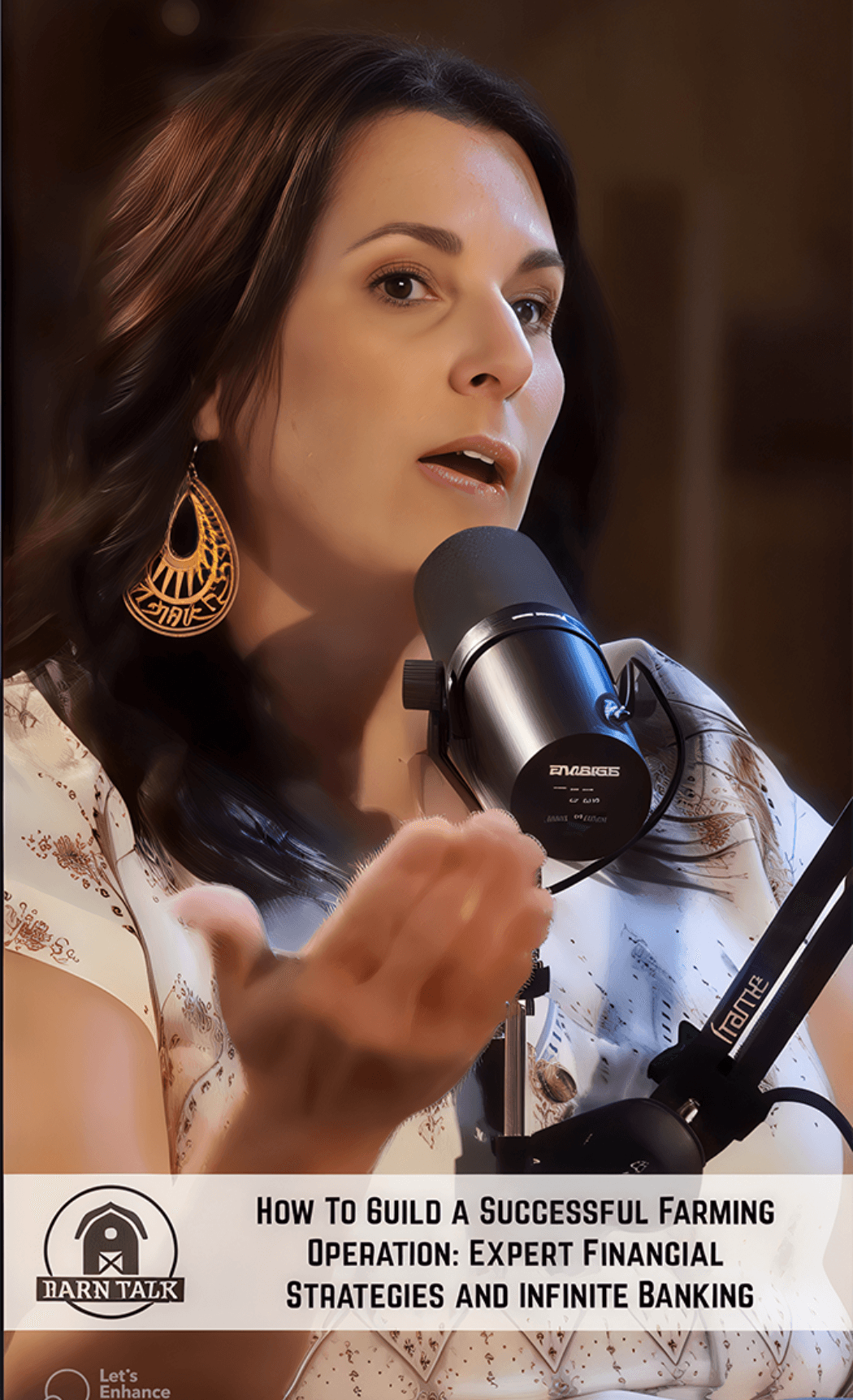 Woman speaking into microphone during a podcast on successful farming operations and financial strategies.