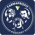 Podcast logo with three illustrated hosts wearing headphones and the text Farm4Profit Podcast on a navy background.