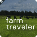 Cows grazing in a lush green field under a cloudy sky with text overlay farm traveler.
