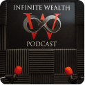 Podcast studio with Infinite Wealth Podcast logo, two microphones with red covers on black soundproofing.