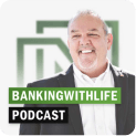 Smiling man in suit graces Banking with Life Podcast cover, featuring logo against a white background.