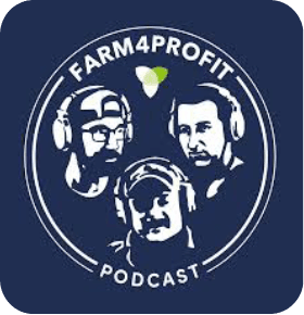 Farm4Profit Podcast logo featuring three illustrated hosts wearing headphones on a dark blue background.