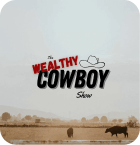The Wealthy Cowboy Show logo with cowboy hat, grazing cows in rural landscape. Western lifestyle theme.