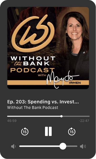 Podcast episode 203 cover of Without The Bank featuring a smiling woman, discussing spending vs. investing.